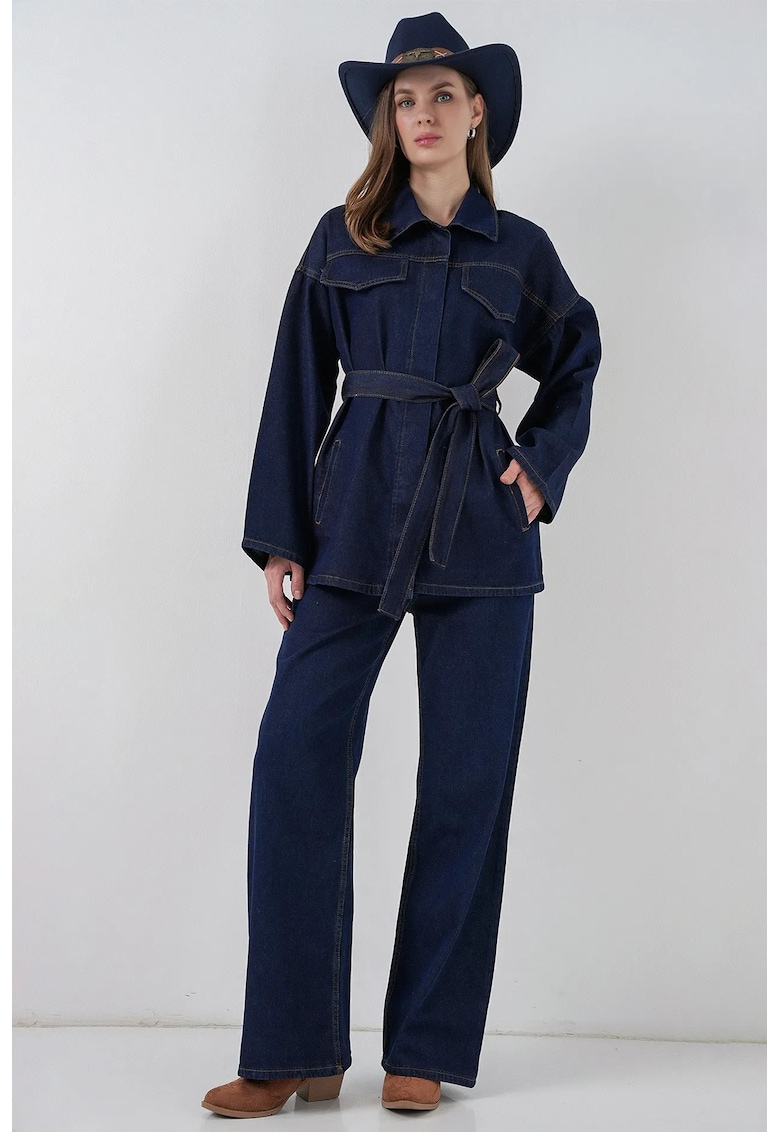 Set compleu dama BDART - Jacheta cu buzunare - Pantaloni drepti - Albastru Marin - Bumbac -