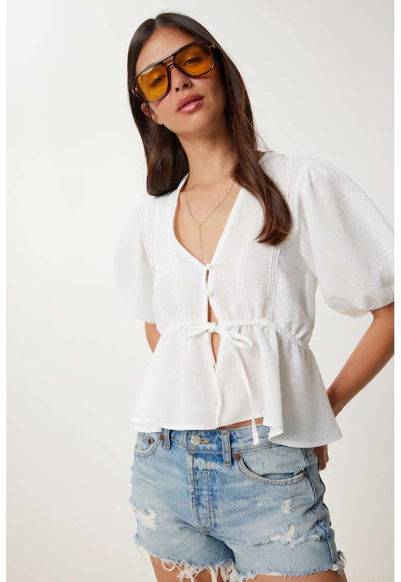 Bluza dama - Happiness Istanbul - decolteu in V - maneca scurta - dantela - Ivory Natural - poliester