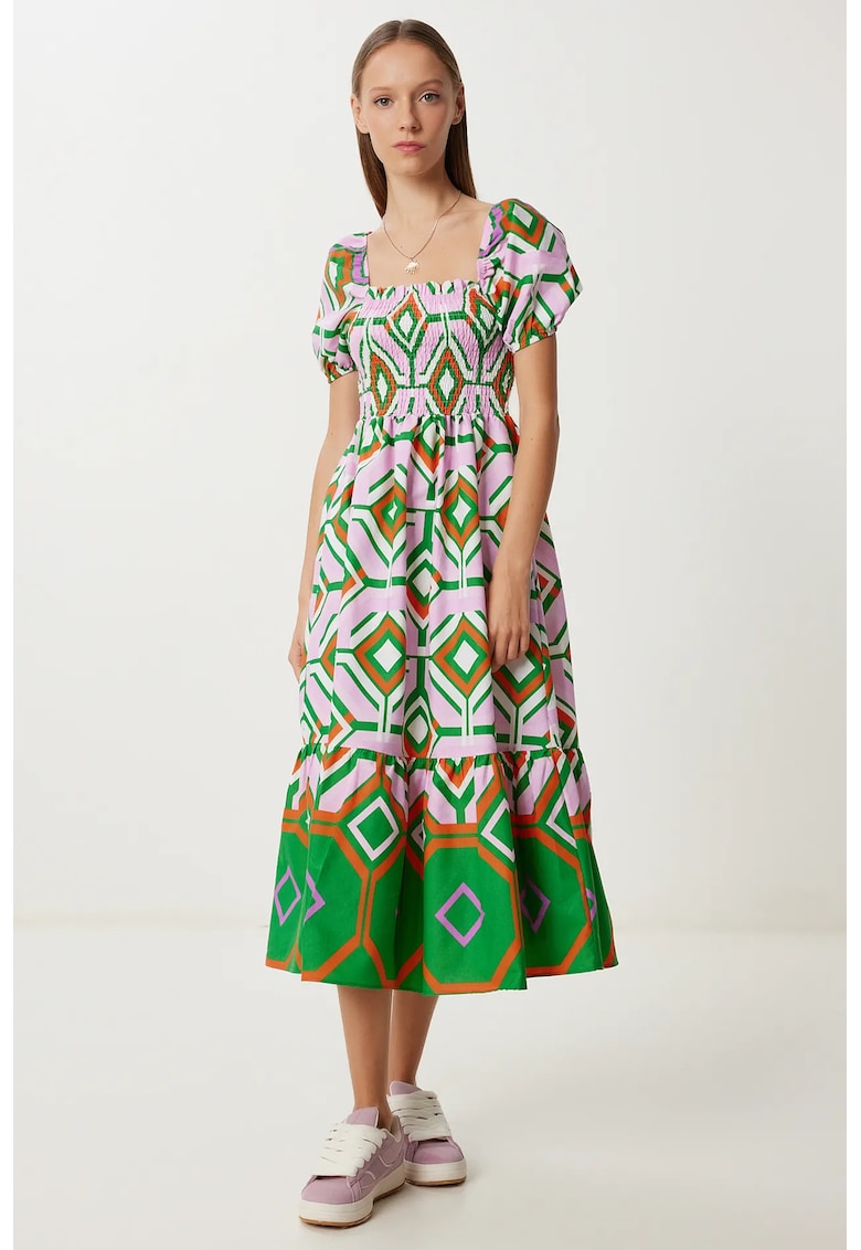 Rochie Midi Happiness Istanbul cu Imprimeu Batik - Detalii cu Volane - Verde - Poliester-Bumbac -
