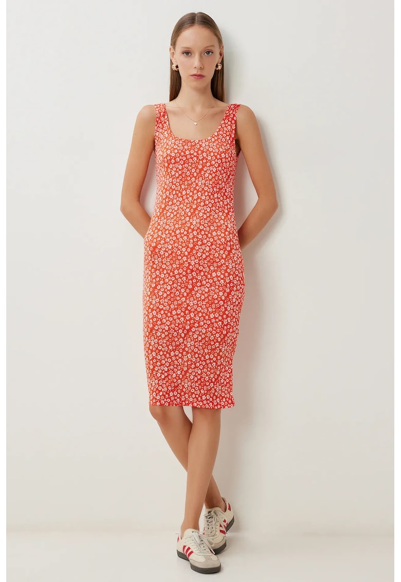 Rochie Midi - Happiness Istanbul - Imprimeu Floral - Portocalie - Tricot Elastic