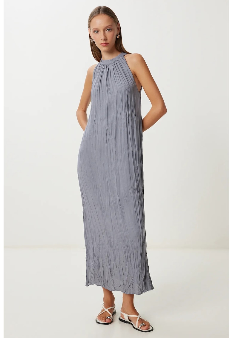 Rochie Midi - Happiness Istanbul - Gri - Texturata - Guler Halter - Bumbac-Elastan -
