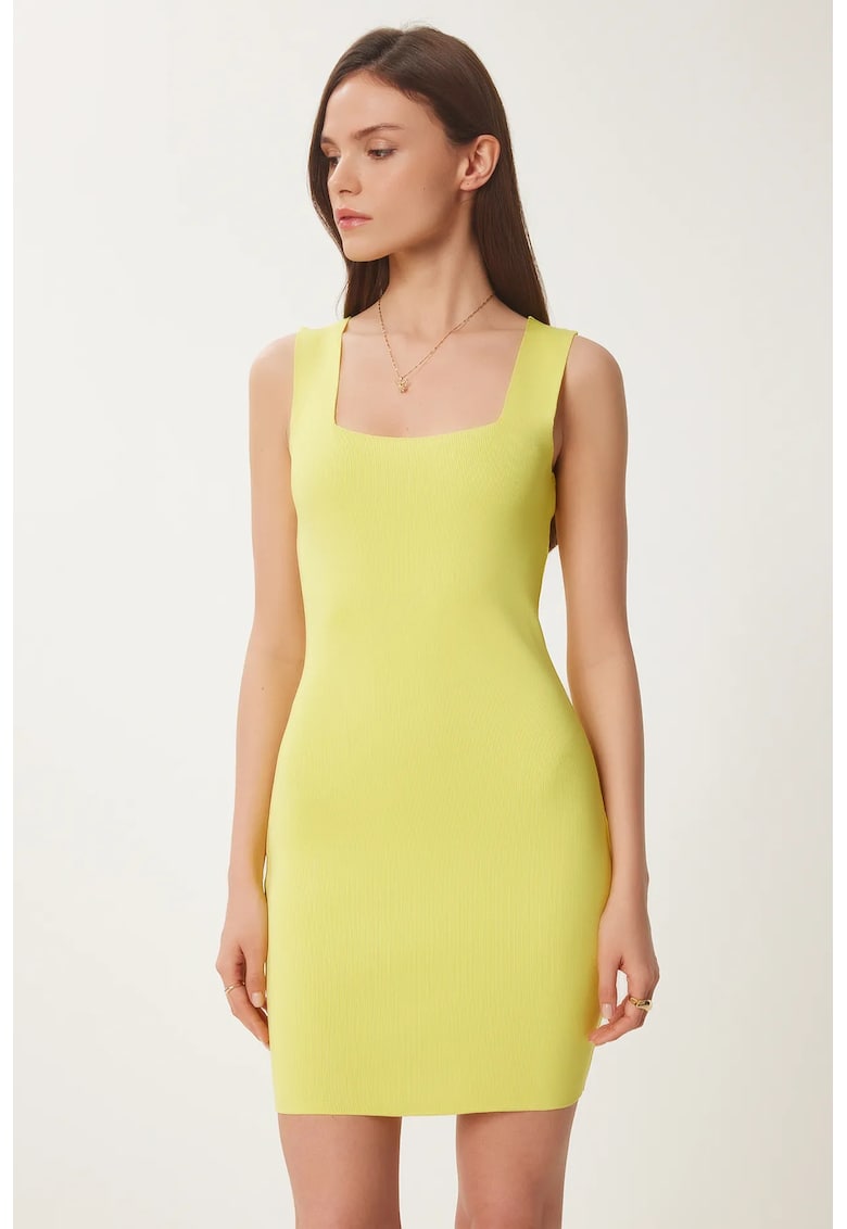 Rochie mini mulata Happiness Istanbul - galben chihlimbar - bodycon - guler patrat - 100% poliester -