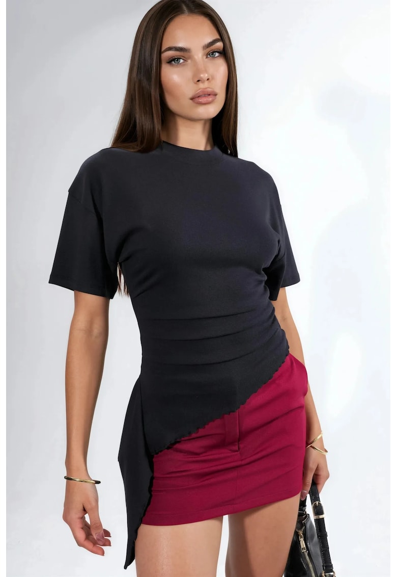 Tricou dama supradimensionat - decolteu rotund - drapaj - negru - modal-bumbac-elastan