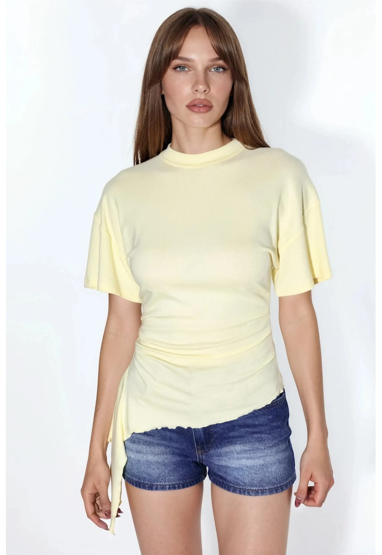 Bluza dama supradimensionata - galben lamaie - casual - drapaj - 48% modal - 47% bumbac - 5% elastan