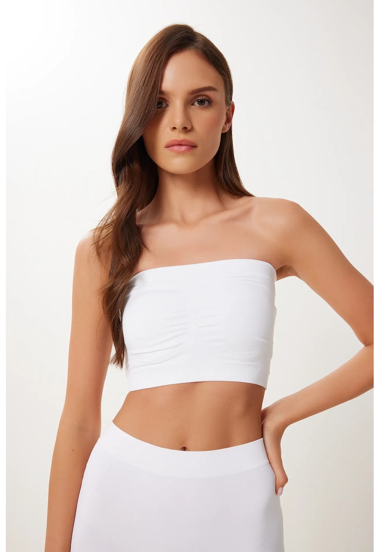 Bluza dama - Happiness Istanbul - crop - decolteu bandeau - alb - jerseu -