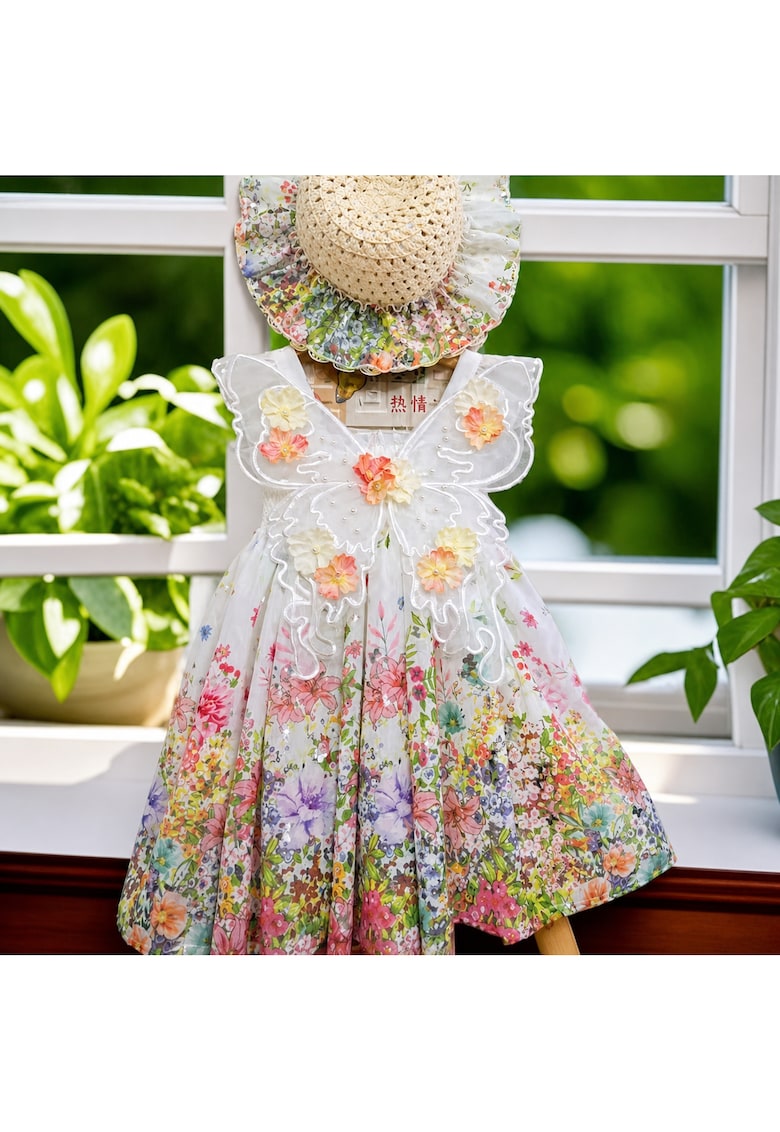 Rochiță și Pălărie Fetițe Imprimeu Floral și Fluture Alexia