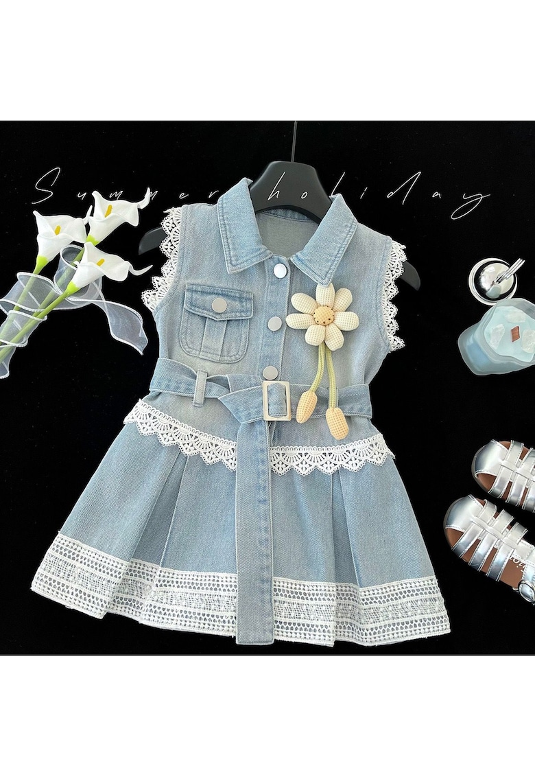 Rochie Blugi Fetițe Denim cu Dantelă Albă și Curea Victoria