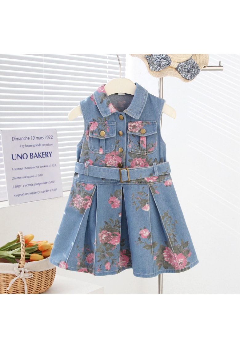 Rochie Blugi Fetițe Denim cu Imprimeu Roz și Curea Livia