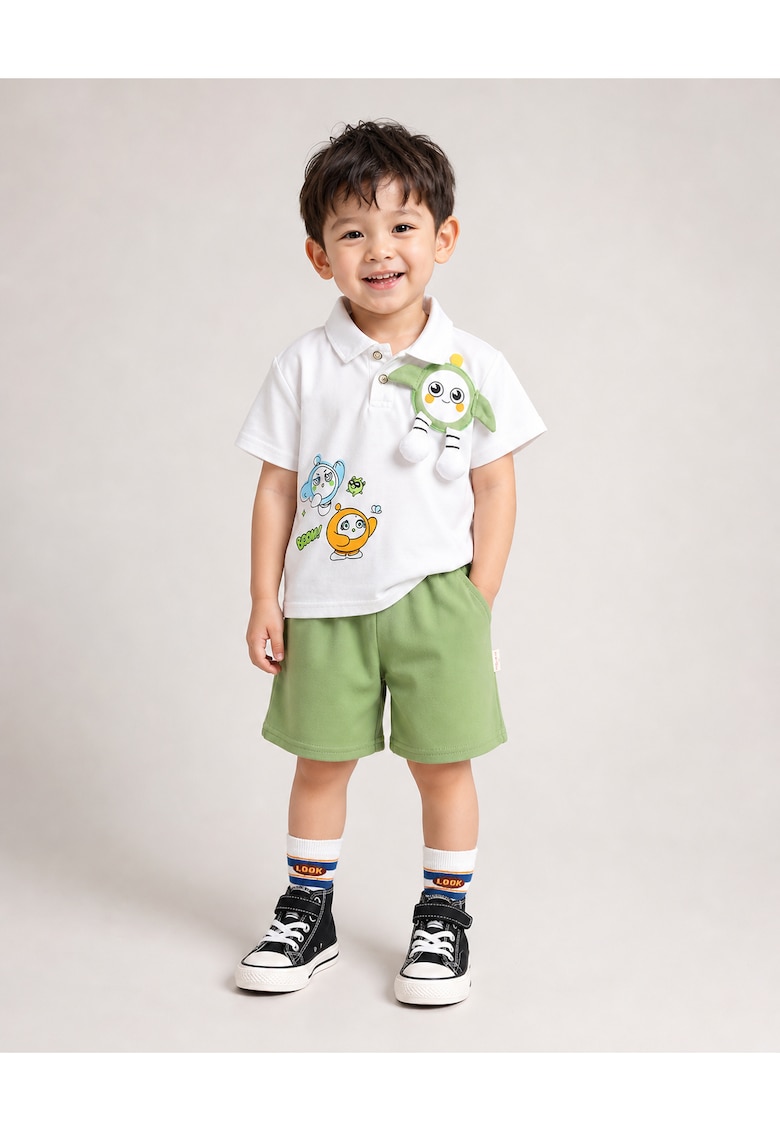 Compleu 2 Piese Băieți Tricou Alb și Pantaloni Scurți Carol