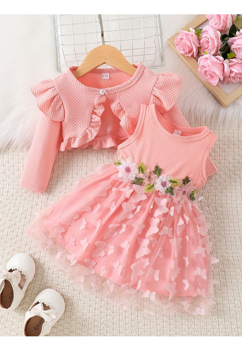 Rochiță și Bolero Roz Tulle și Aplicații Florale Noelia