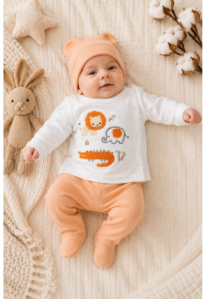 Compleu bebe portocaliu din bumbac cu caciulita si imprimeu animalute safari