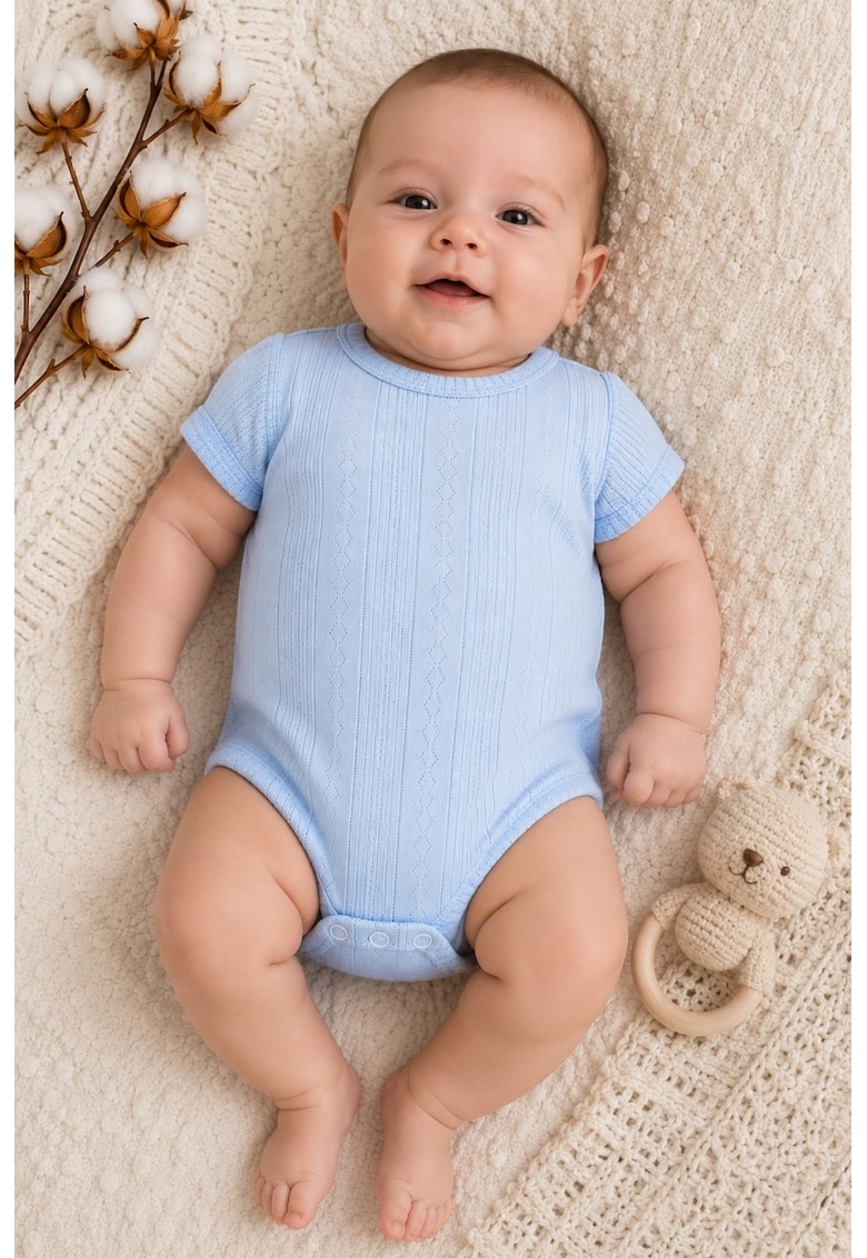 Body bebe bleu din bumbac cu model ajurat cu maneca scurta
