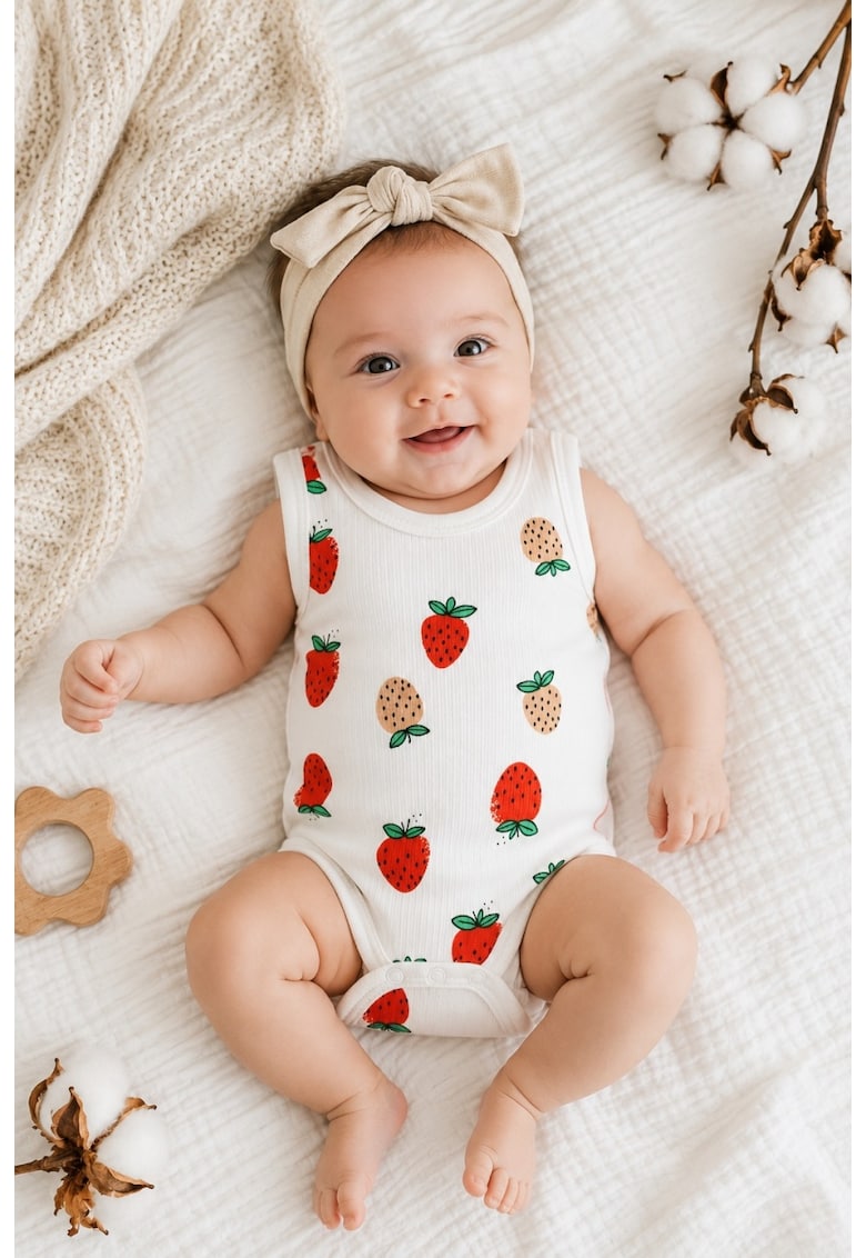 Body bebe fara maneci alb din bumbac reiat cu imprimeu capsuni