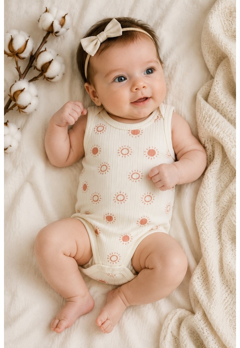 Body bebe fara maneci crem din bumbac reiat cu imprimeu soare