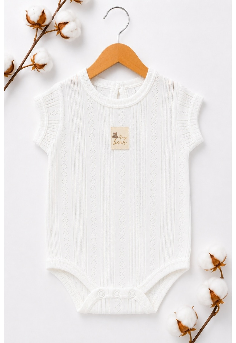 Body bebe alb din bumbac cu model ajurat si maneca scurta