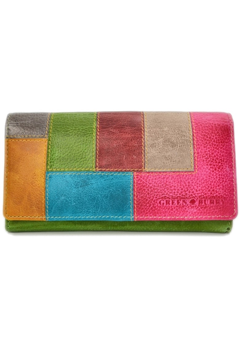 Portofel piele naturala verde / multicolor 18 x 9.5 x 3.5 cm - Candy Shop -