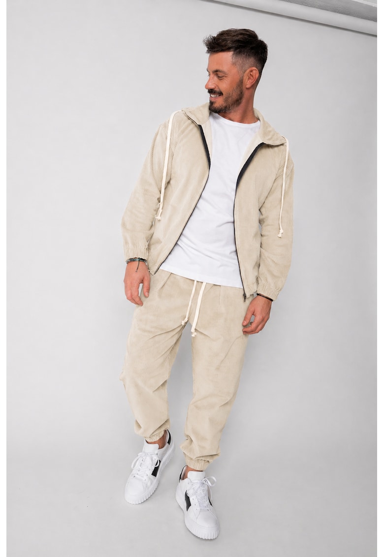Set Hanorac cu fermoar si Pantalon Lung din reiat Corduroy Light Beige 21113 - Bej deschis