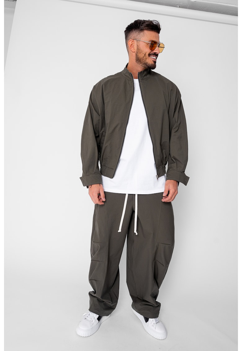 Set Oversized Windbreaker Jacheta cu fermoar si pantalon lung din fas Dark Olive 21127 - Verde masliniu inchis