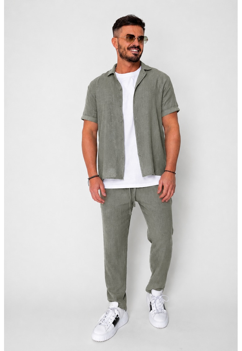 Set Tricotat Camasa maneca scurta si Pantaloni lungi Dark Olive 21147 - Verde masliniu inchis