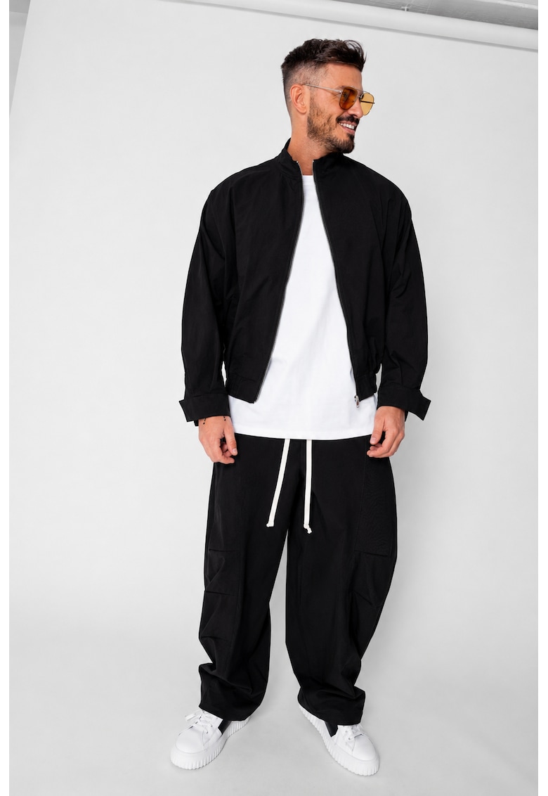 Set Oversized Windbreaker Jacheta cu fermoar si pantalon lung din fas Black 21130 - Negru
