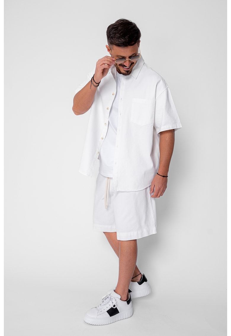 Set camasa si pantalon scurt din denim Oversized Off White 21404 - Alb