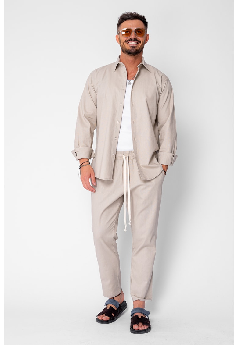 Set Lino Long camasa si pantalon lung din In Premium Edition Beige 21392 - Bej