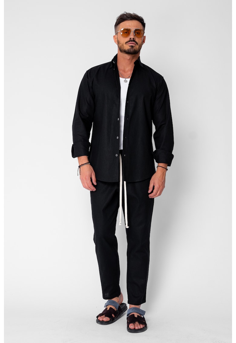 Set Lino Long camasa si pantalon lung din In Premium Edition Black 21396 - Negru