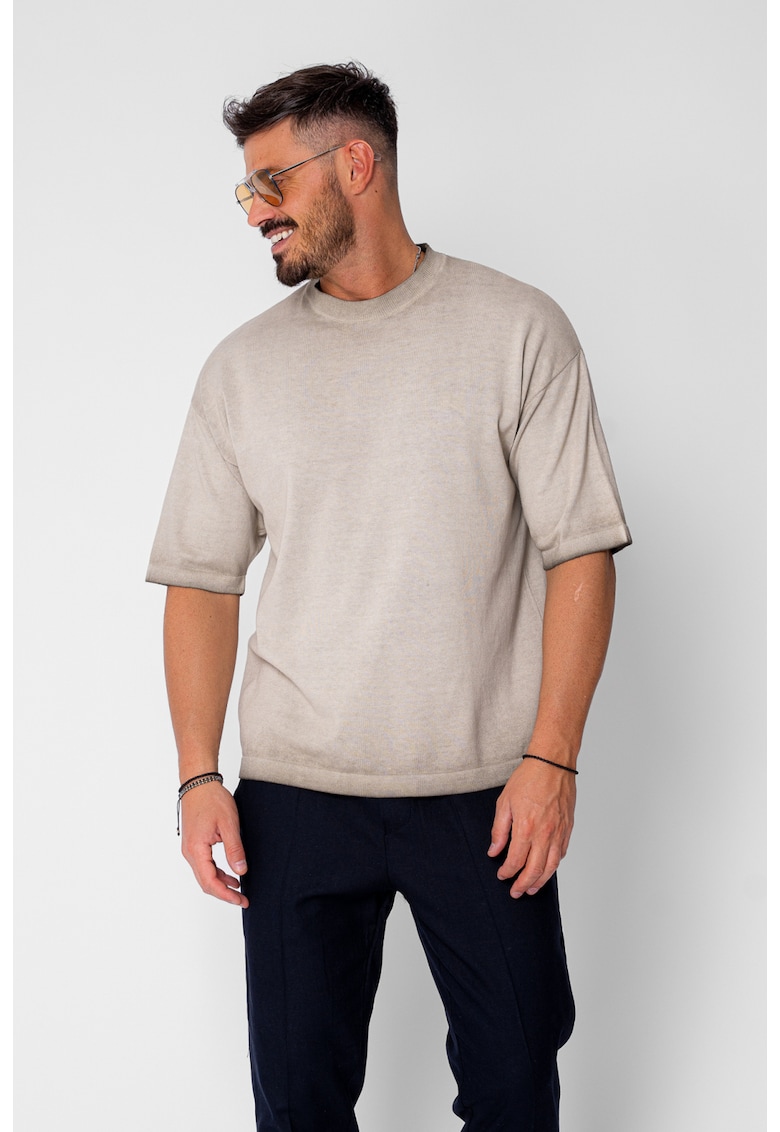 Tricou tricotat cu efect prespalat Beige 21625 - Bej