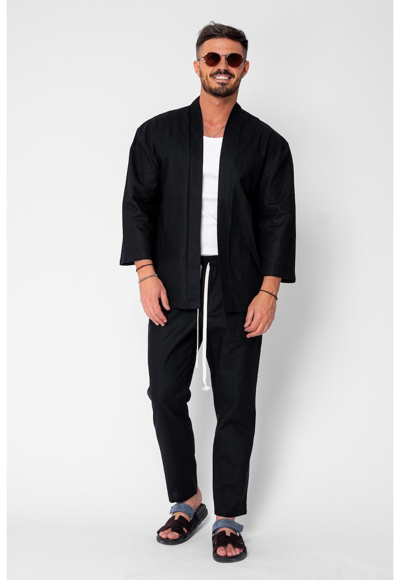 Set Tulum Jacheta tip kimono si pantalon lung Premium Edition Black 21703 - Negru