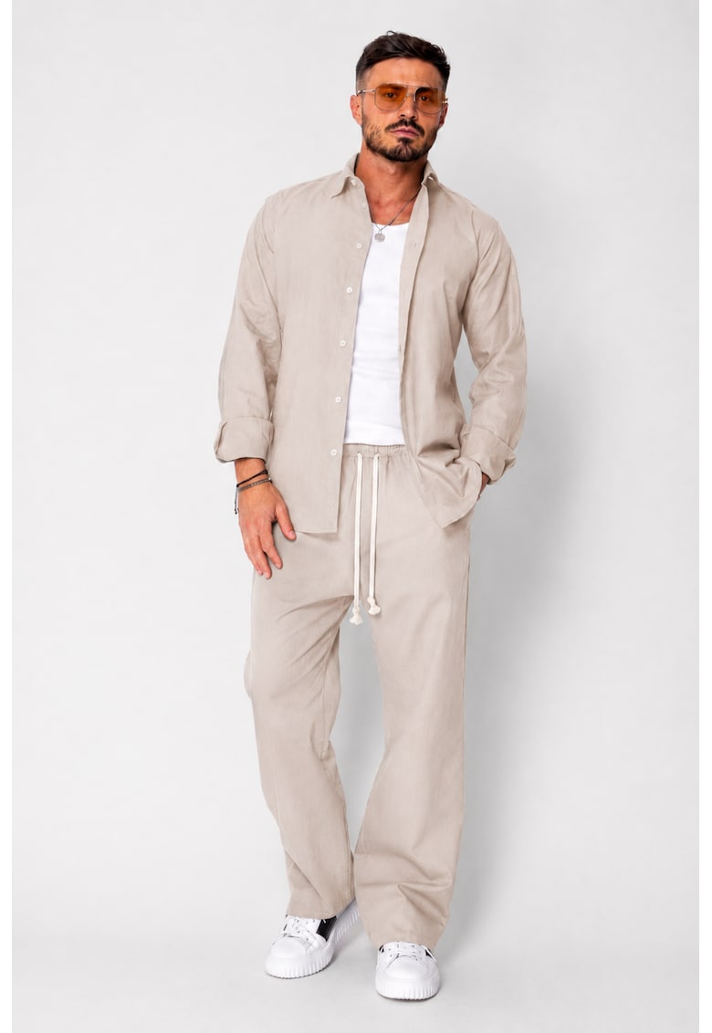 Set Lino Oversized camasa si pantalon din In Premium Edition Beige 21716 - Bej