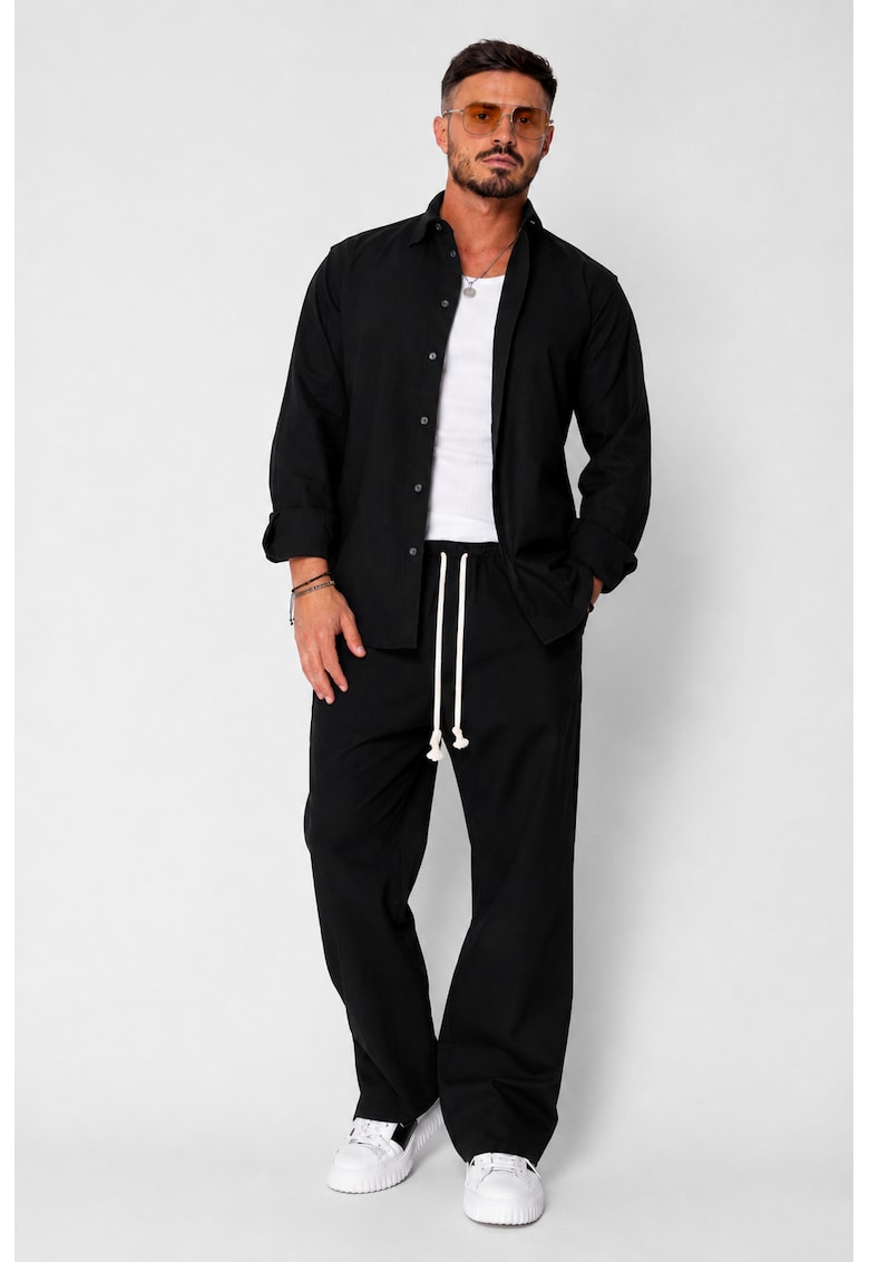 Set Lino Oversized camasa si pantalon din In Premium Edition Black 21720 - Negru