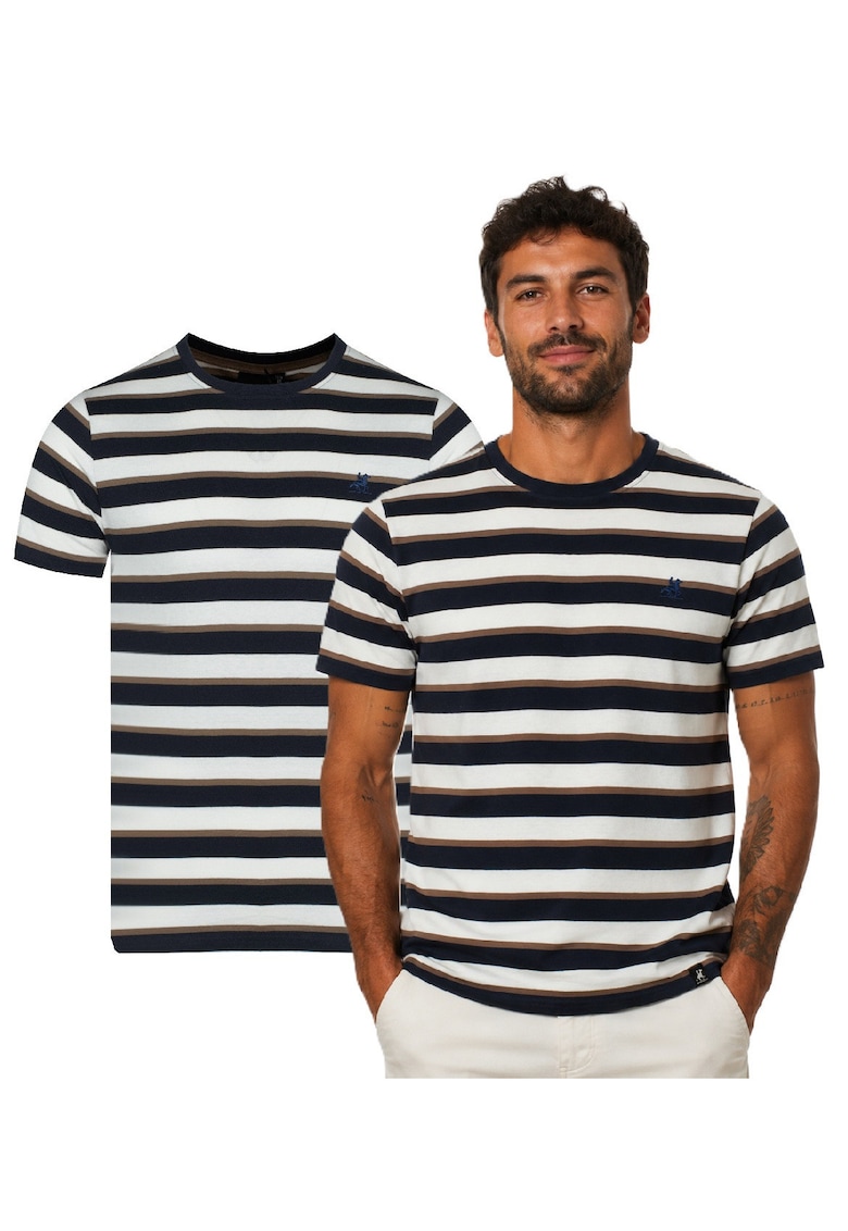 Tricou casual cu dungi - Alb/Maro/Bleumarin
