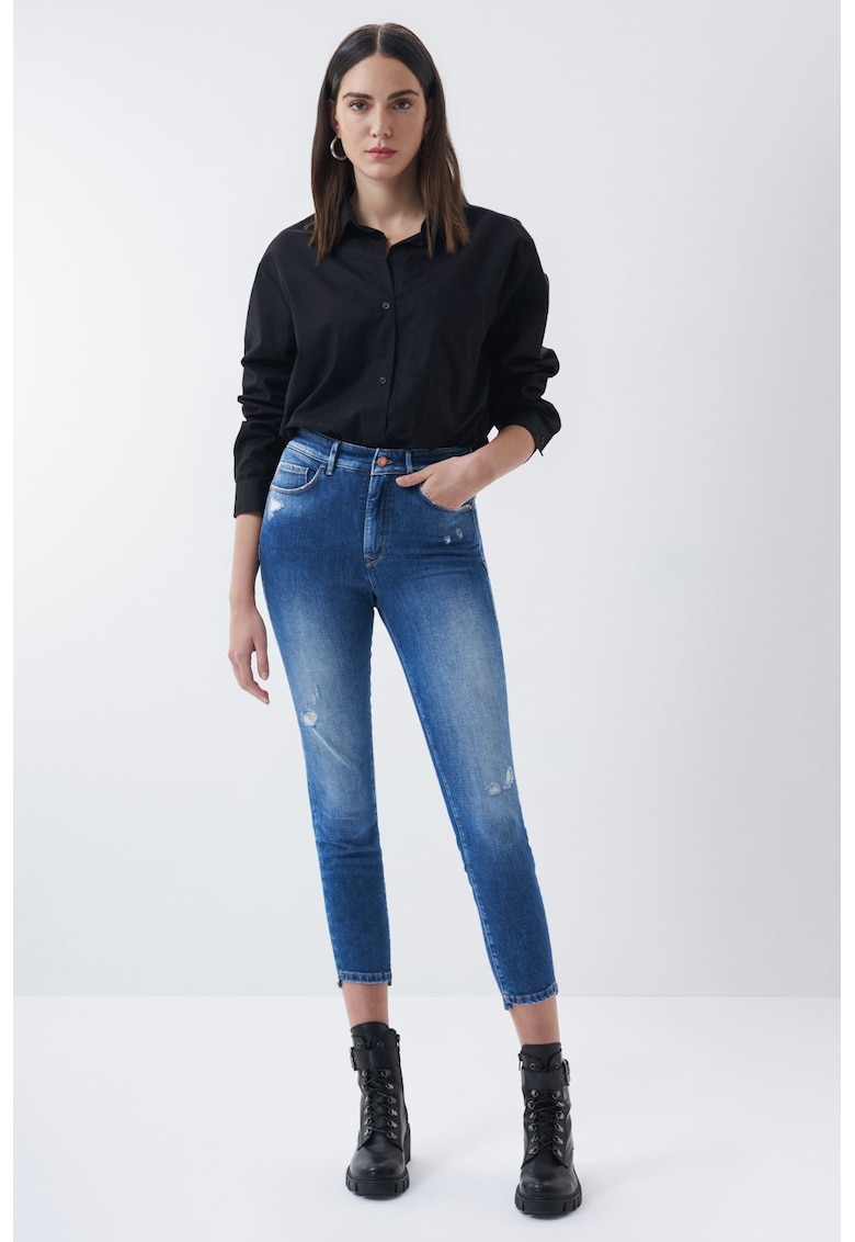 Blugi skinny crop cu detalii deteriorate