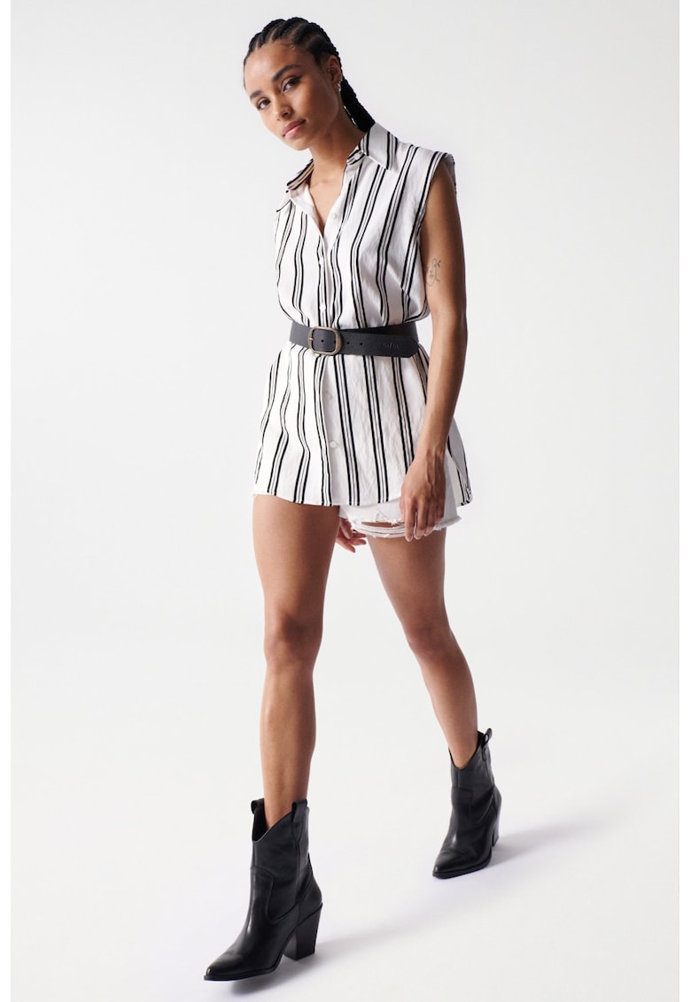 Camasa fara maneci cu model in dungi si guler clasic