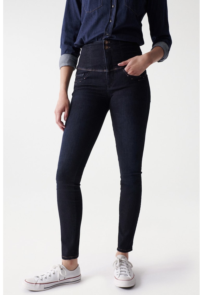 Blugi skinny fit cu talie inalta si buzunare