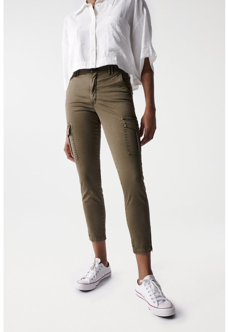 Blugi skinny cargo cu talie inalta