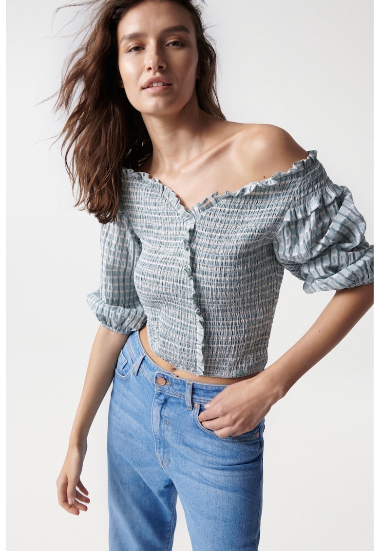 Bluza crop pe umeri cu maneci bufante