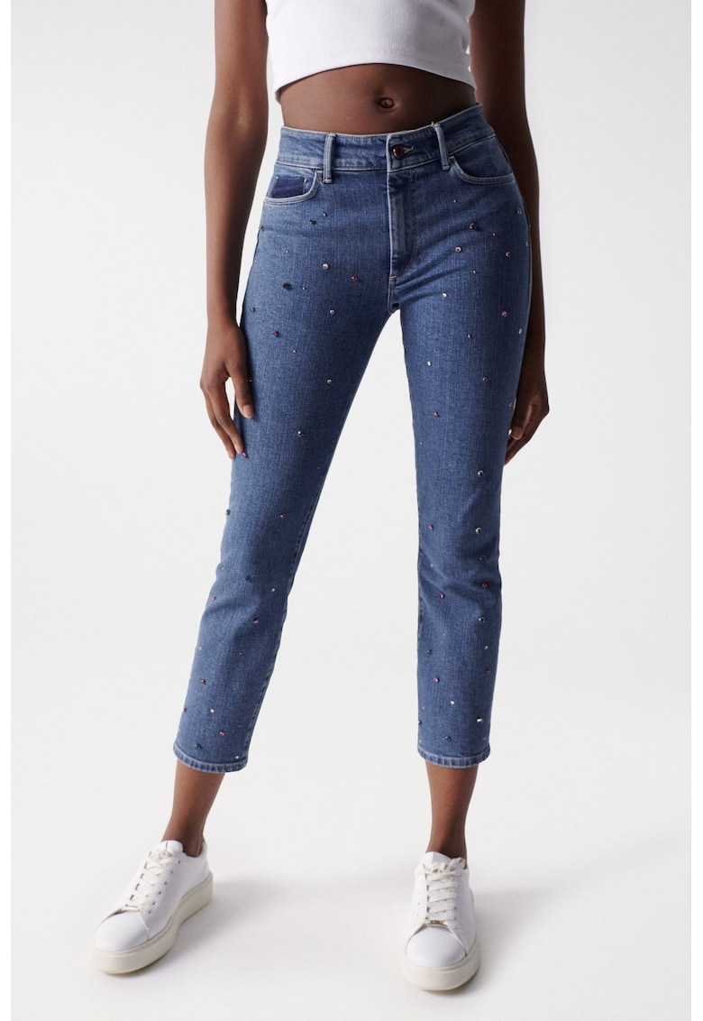 Blugi crop slim fit cu aplicatii decorative Destiny