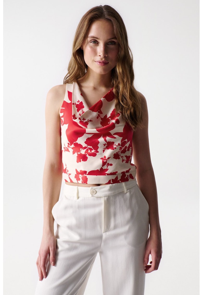 Top floral cu decolteu drapat