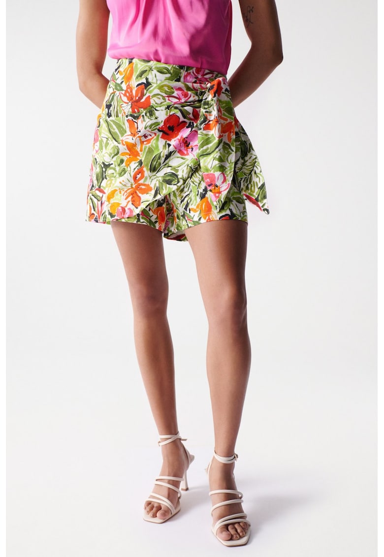 Fusta-pantalon din amestec de in cu model floral