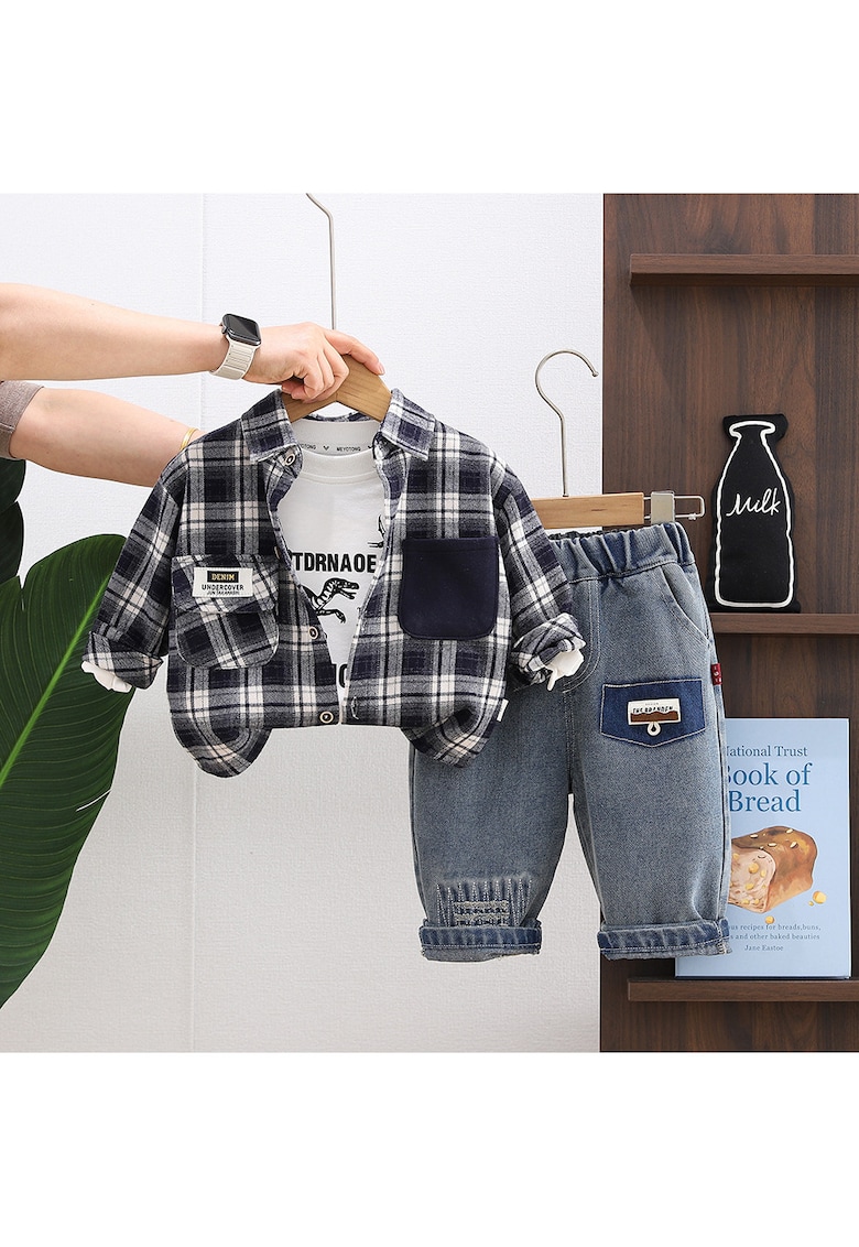 Set Casual Baieti 3 Piese – Camasa - Tricou Imprimeu si Jeansi cu Elastic