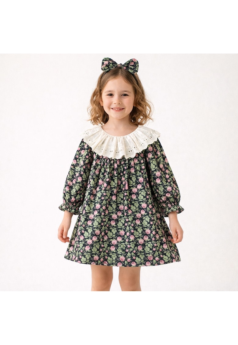 Rochie Eleganta Fetite Imprimeu Floral cu Guler Alb