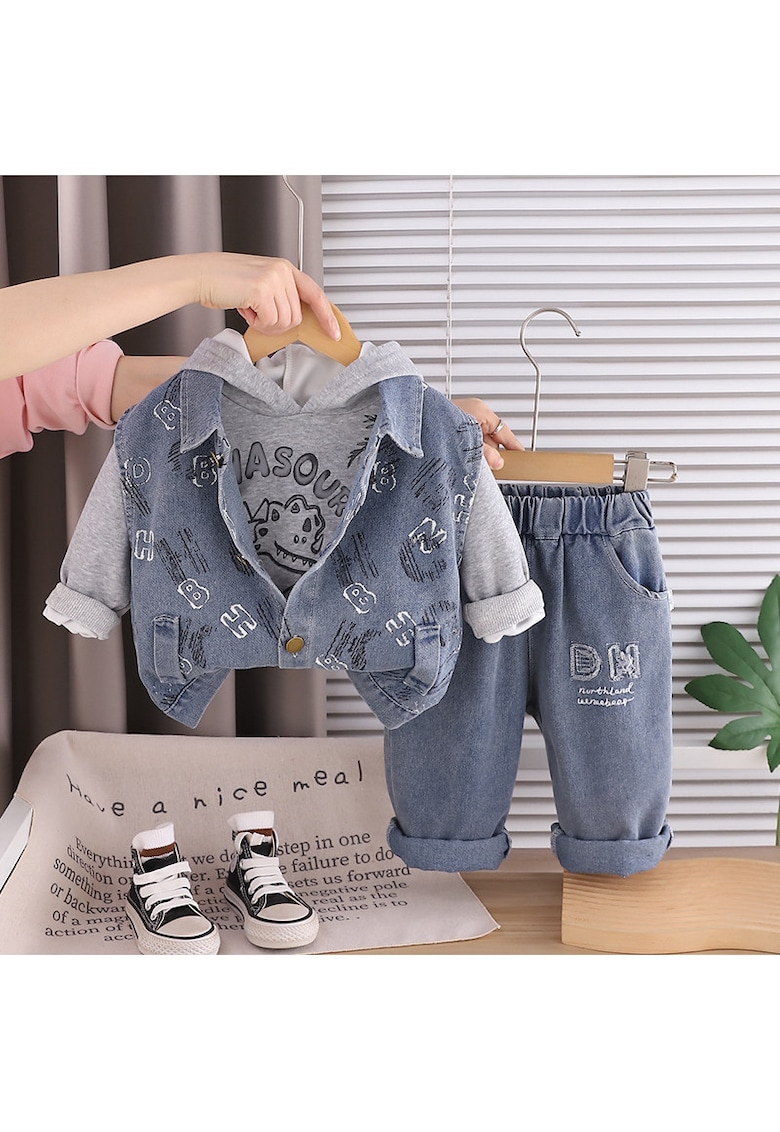 Compleu Baieti 3 Piese Gri – Vesta Denim - Hanorac si Blugi
