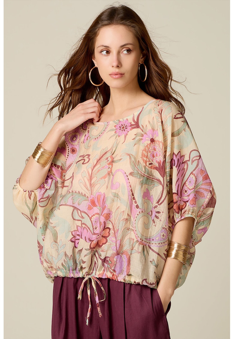 Bluza din amestec de lyocell cu imprimeu floral - Bej sampanie/Roz
