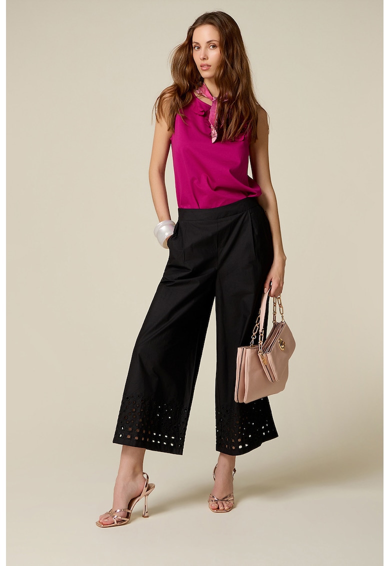 Pantaloni crop cu croiala ampla si detalii din dantela sangallo - Negru