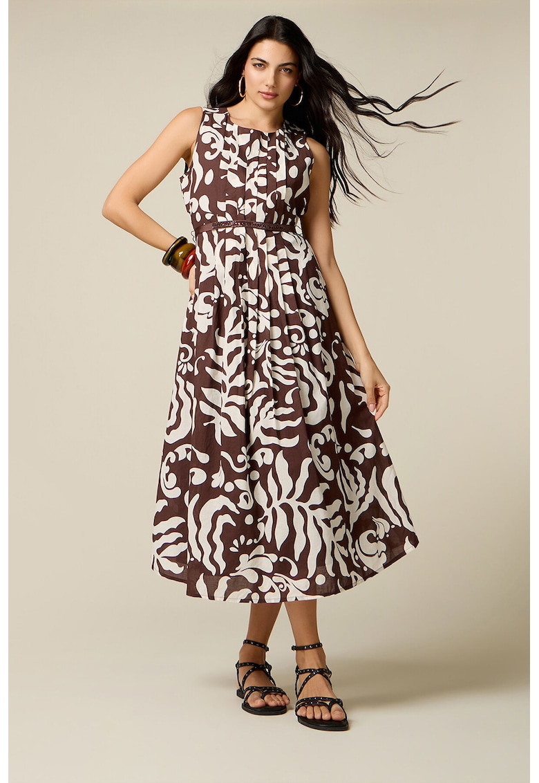 Rochie evazata din bumbac - Alb/Maro inchis