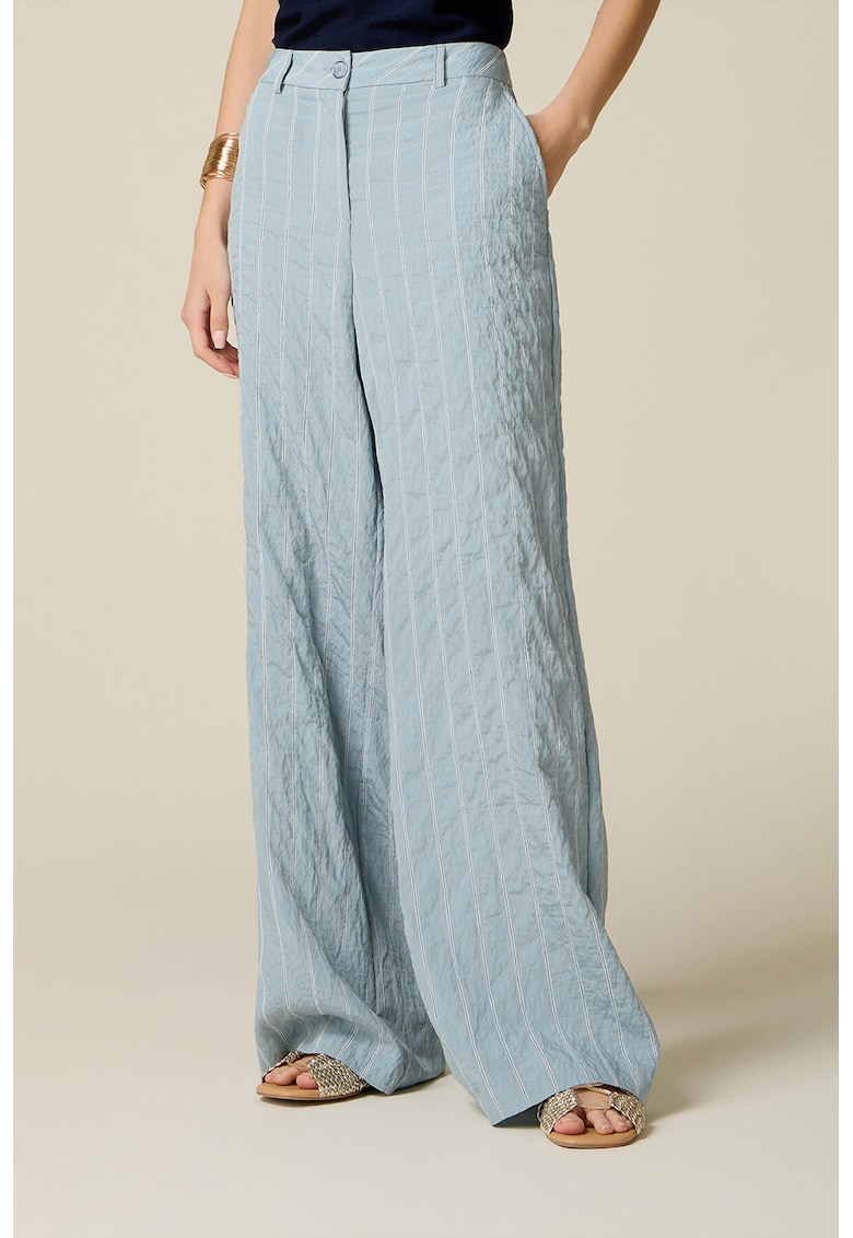 Pantaloni din bumbac cu croiala ampla si pliuri - Albastru deschis