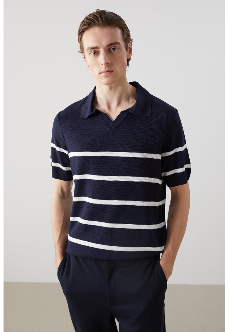 Tricou polo cu dungi - Alb/Bleumarin
