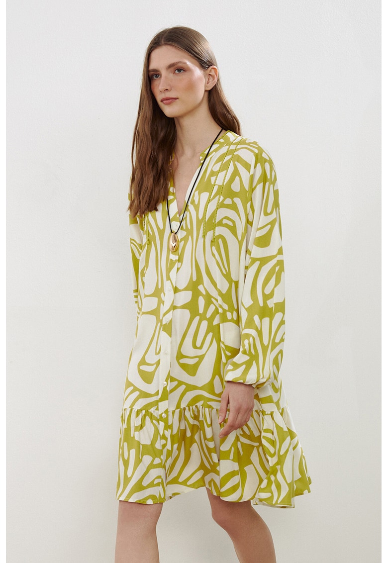 Rochie midi cu nasturi si terminatie cu volane - Alb/Verde lime