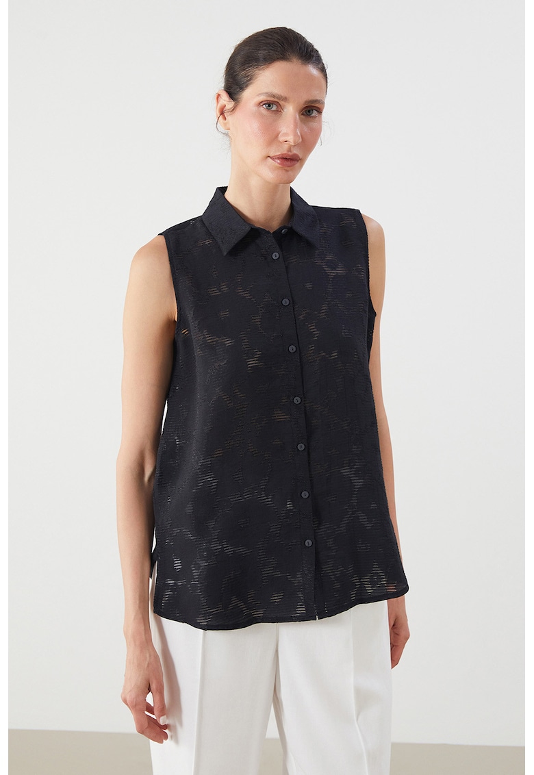 Camasa fara maneci cu dantela si model floral - Negru
